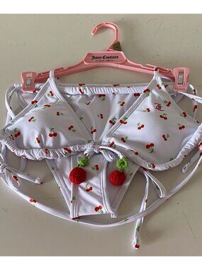 Juicy Couture Cherry Triangle Bikini W/ Crochet Cherries Size M White Red NEW